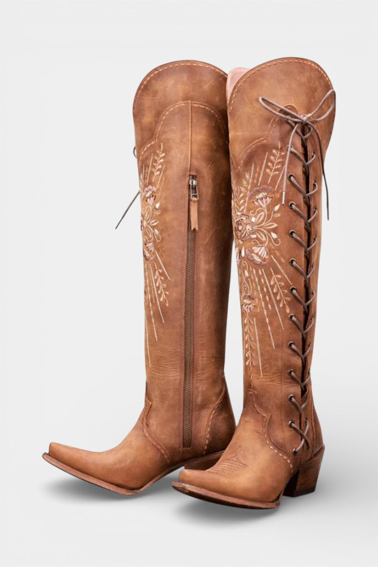 Vintage Western Lace-Up Boots with Embroidery in Brown
