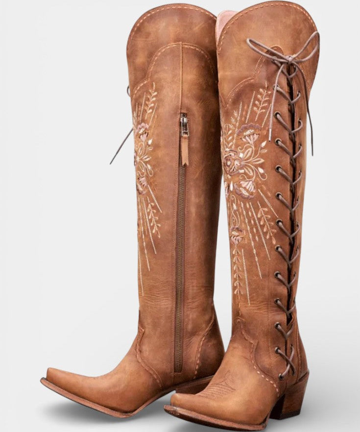 Vintage Western Lace-Up Boots with Embroidery in Brown