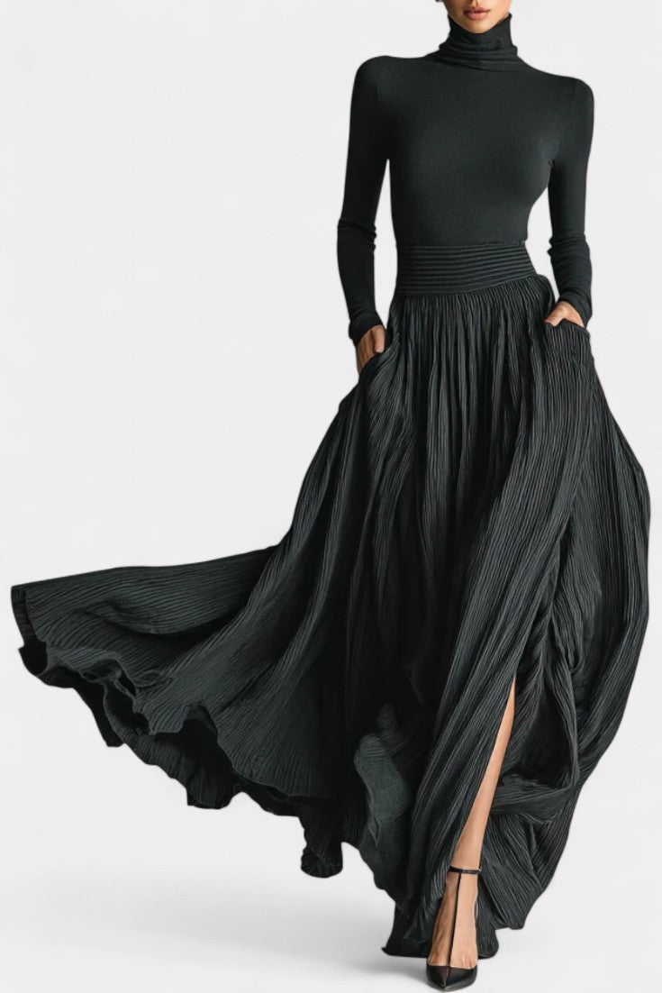 Black High-Neck Set with Pleated Skirt