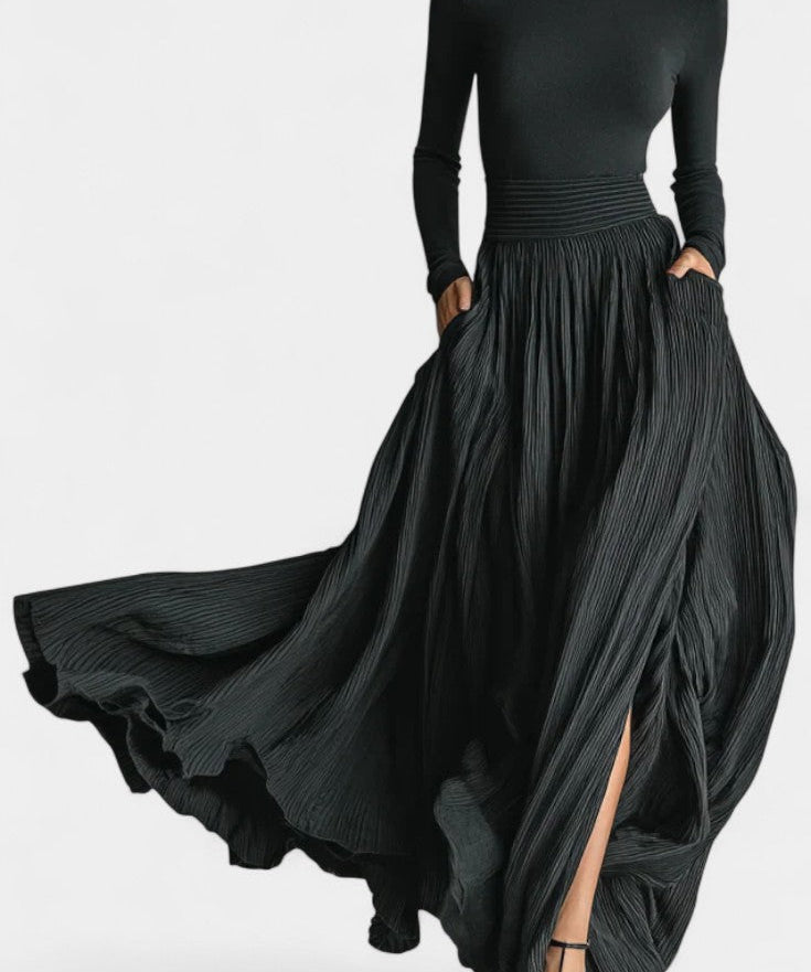 Black High-Neck Set with Pleated Skirt