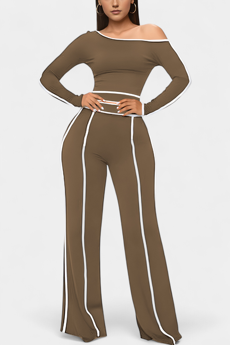 Off-Shoulder Set with Bold Striped Accents in Khaki
