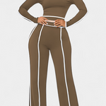 Off-Shoulder Set with Bold Striped Accents in Khaki