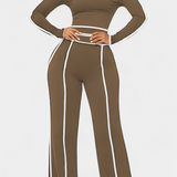 Off-Shoulder Set with Bold Striped Accents in Khaki