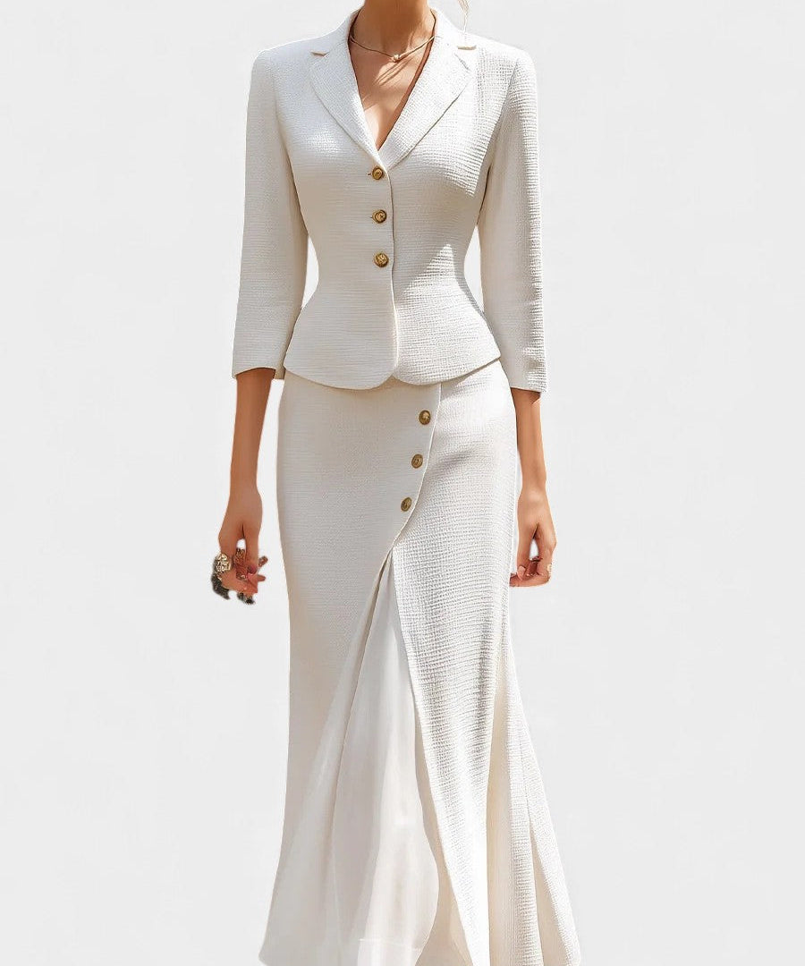Chic Ecru Tailored Suit with Flowing Long Wrap Skirt in White
