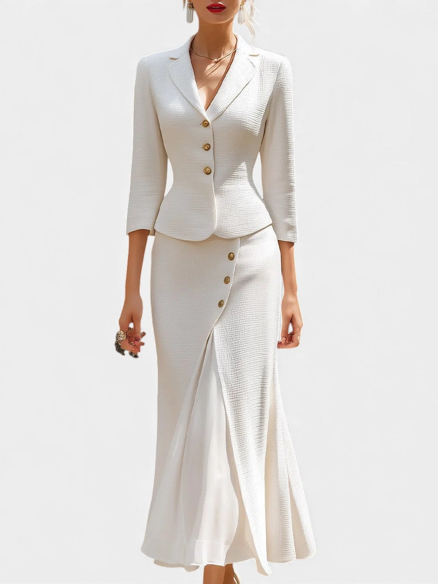 Chic Ecru Tailored Suit with Flowing Long Wrap Skirt in White