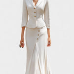 Chic Ecru Tailored Suit with Flowing Long Wrap Skirt in White