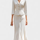 Chic Ecru Tailored Suit with Flowing Long Wrap Skirt in White