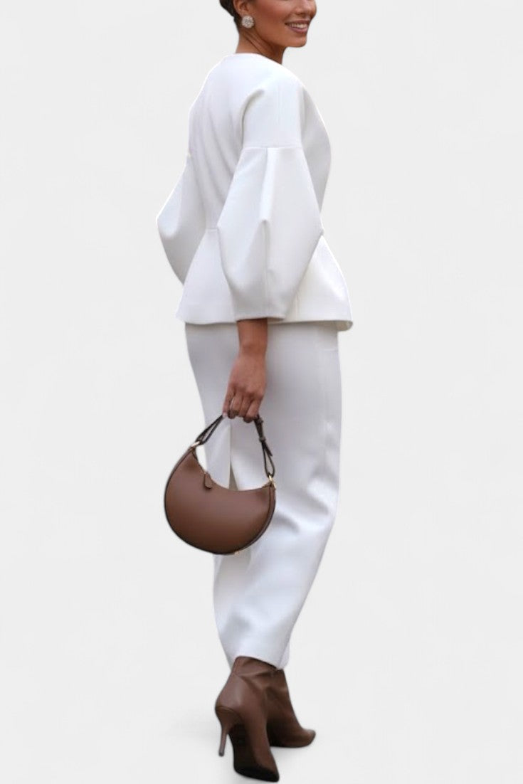 Chic Tailored Ensemble with V-Neck and Puff Sleeves, photo 2