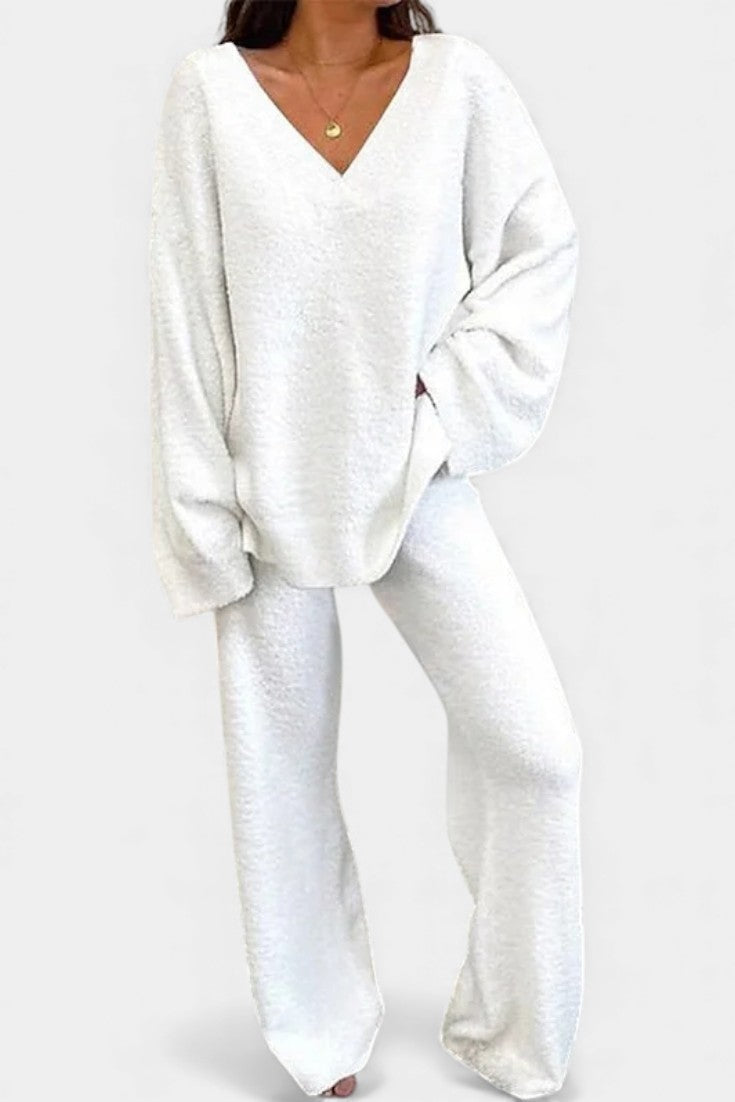 Women's Cozy V-Neck Two-Piece Daily Outfit in White