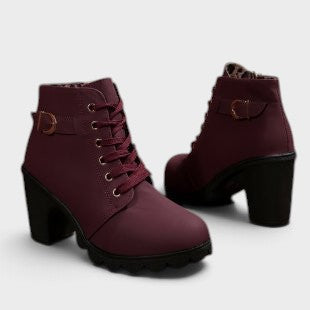 Women's Chic Buckle Ankle Boots in Burgundy