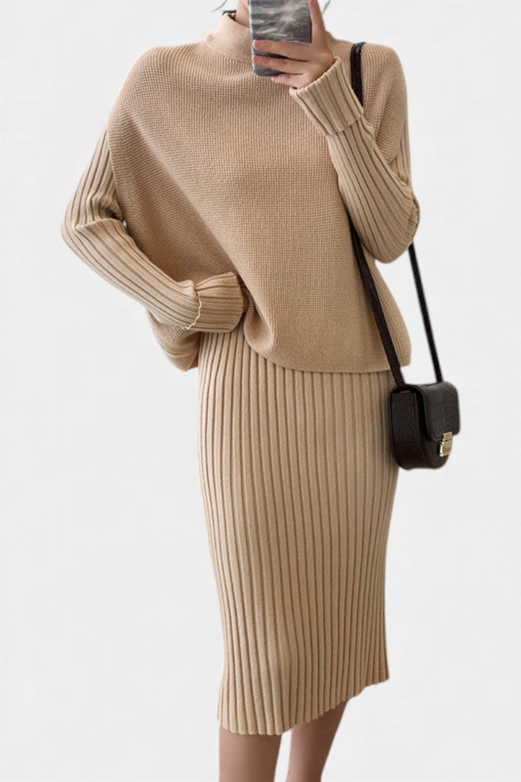 Modern Silhouette Two-Piece Knit Ensemble in Khaki