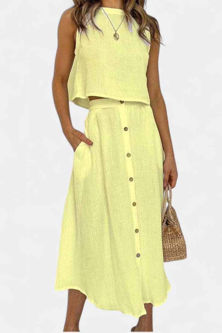 Cotton Button-Detail Midi Skirt Set in Yellow