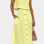 Cotton Button-Detail Midi Skirt Set in Yellow