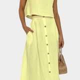 Cotton Button-Detail Midi Skirt Set in Yellow