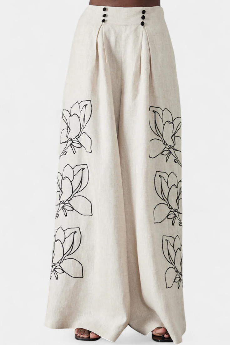 Puff Sleeve Blouse & Wide-Leg Floral Linen Pants Set, photo 6