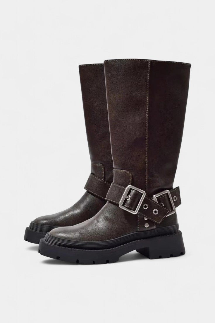 Strapped Mid-Calf Boots with Buckle Detail in Brown