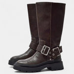 Strapped Mid-Calf Boots with Buckle Detail in Brown