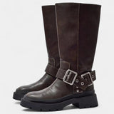 Strapped Mid-Calf Boots with Buckle Detail in Brown