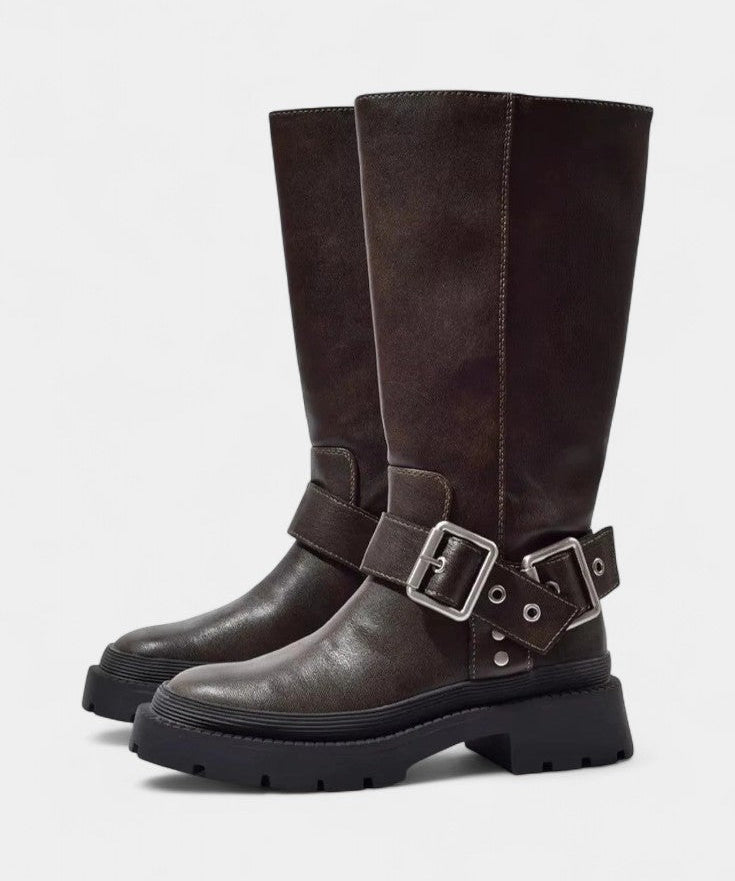 Strapped Mid-Calf Boots with Buckle Detail in Brown