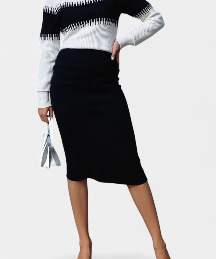 Two-Tone Long Sleeve Midi Knit Dress Ensemble in Black