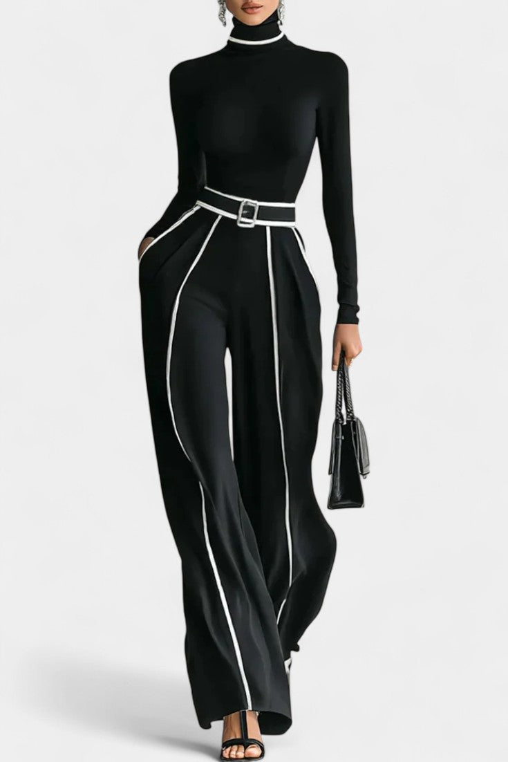 High-Collar Set with Flared Wide-Leg Pants in Black