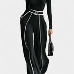 High-Collar Set with Flared Wide-Leg Pants in Black