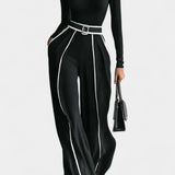 High-Collar Set with Flared Wide-Leg Pants in Black