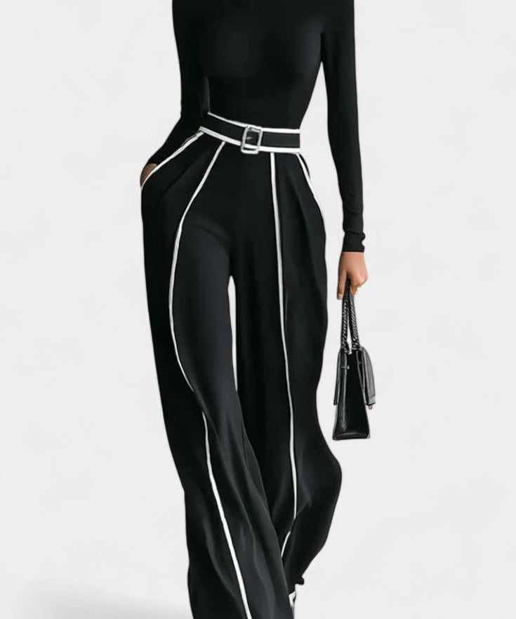 High-Collar Set with Flared Wide-Leg Pants in Black