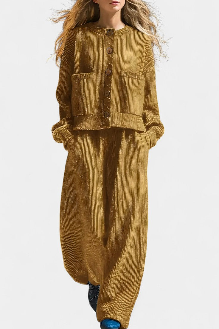 Knit Cardigan & Wide-Leg Pants Ensemble in Khaki