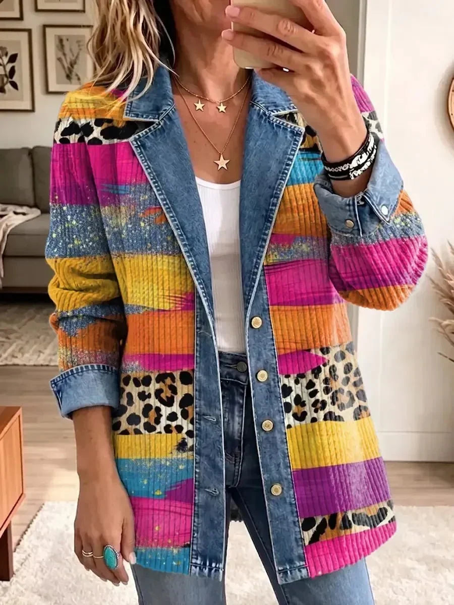 Women's Retro Leopard-Print Denim Jacket in Multicolor