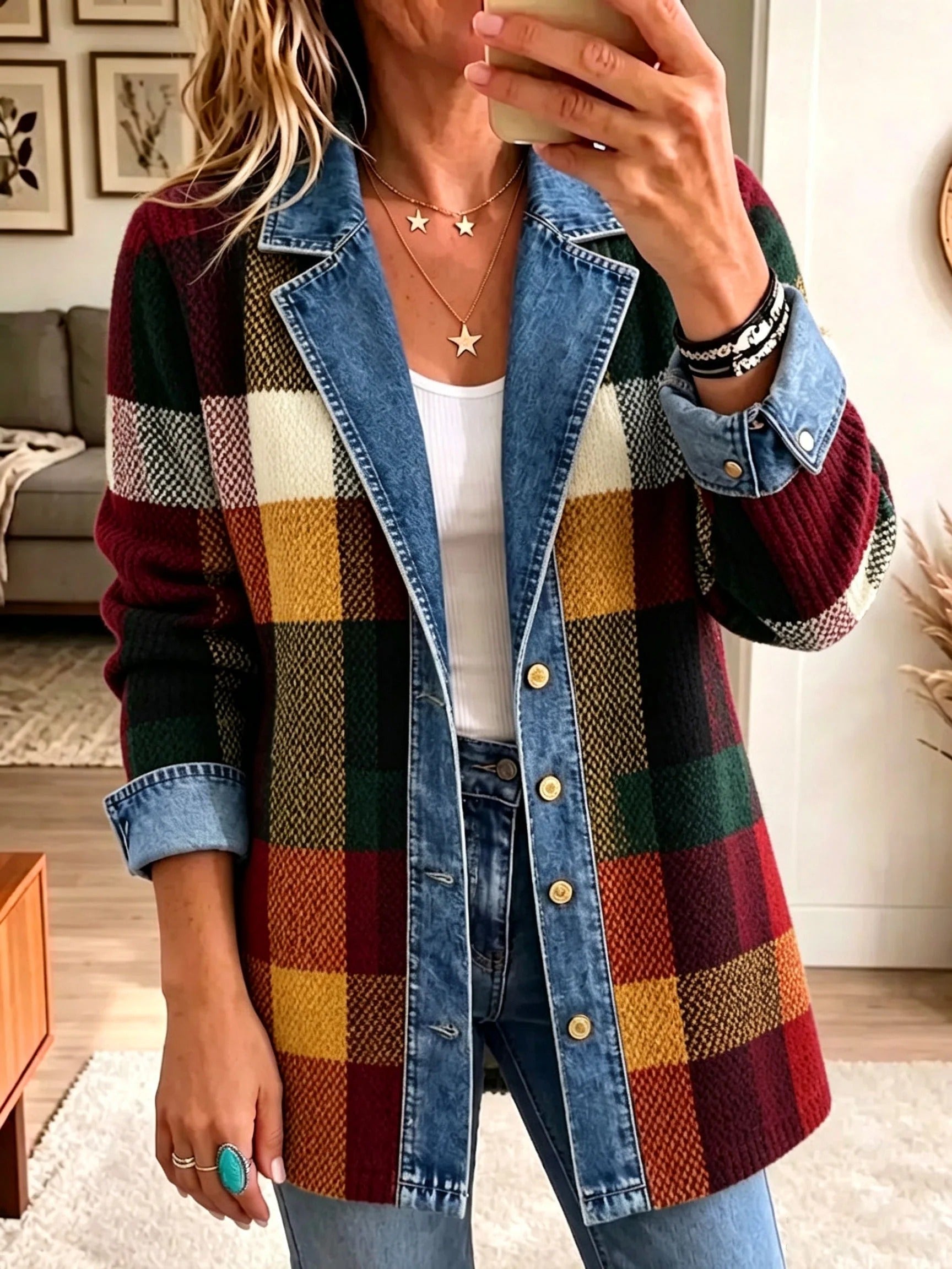 Women's Plaid Color-Block Denim Jacket in Multicolor