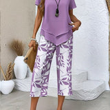 Women's Casual Leaf Print Two Piece Set in Purple