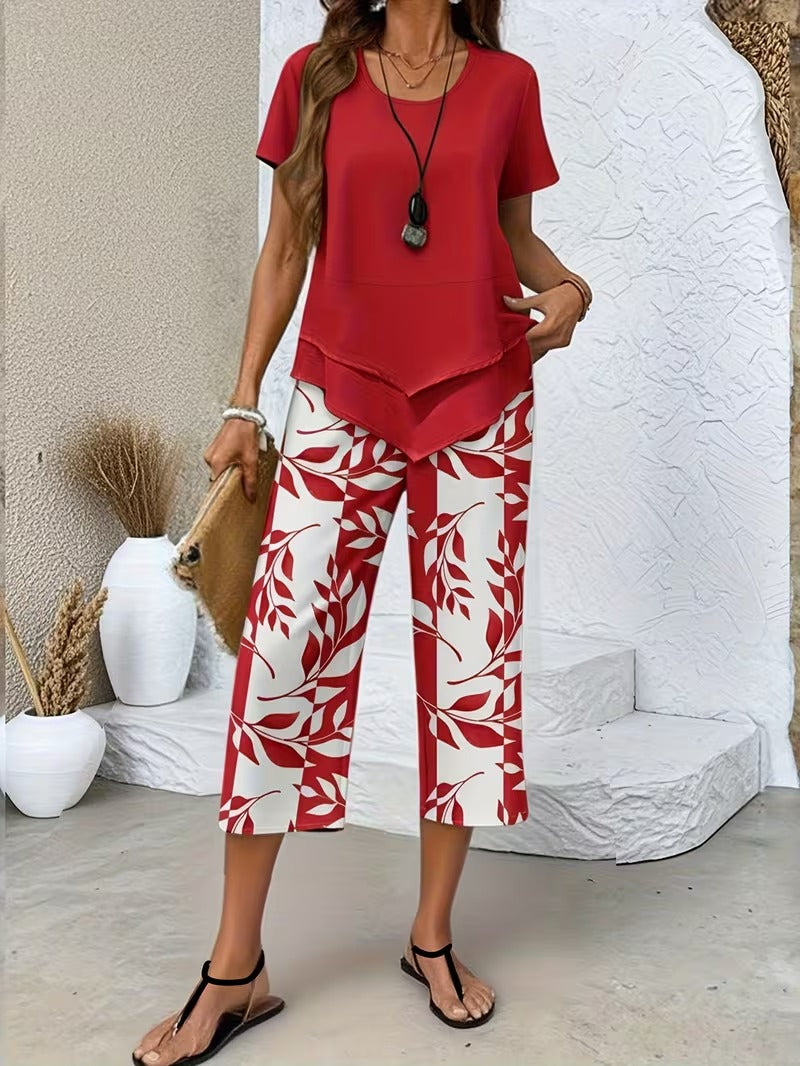 Women's Casual Leaf Print Two Piece Set in Red