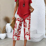 Women's Casual Leaf Print Two Piece Set in Red