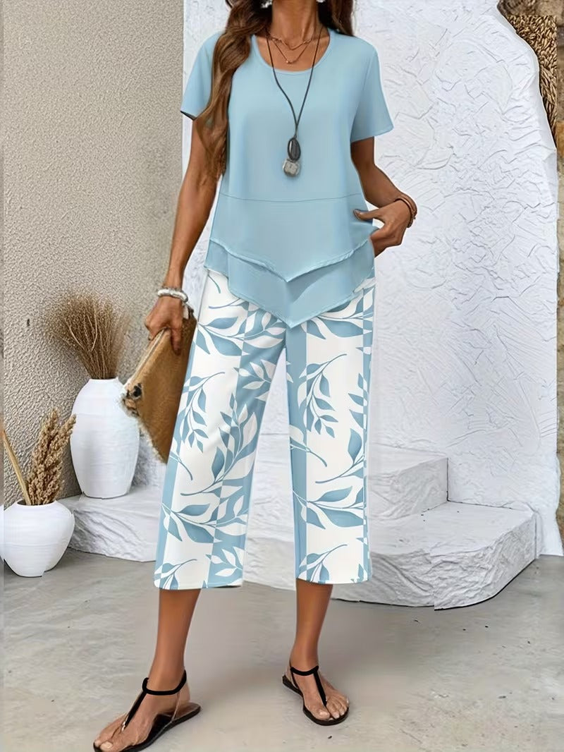 Women's Casual Leaf Print Two Piece Set in Sky Blue