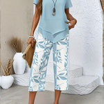 Women's Casual Leaf Print Two Piece Set in Sky Blue