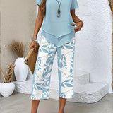 Women's Casual Leaf Print Two Piece Set in Sky Blue