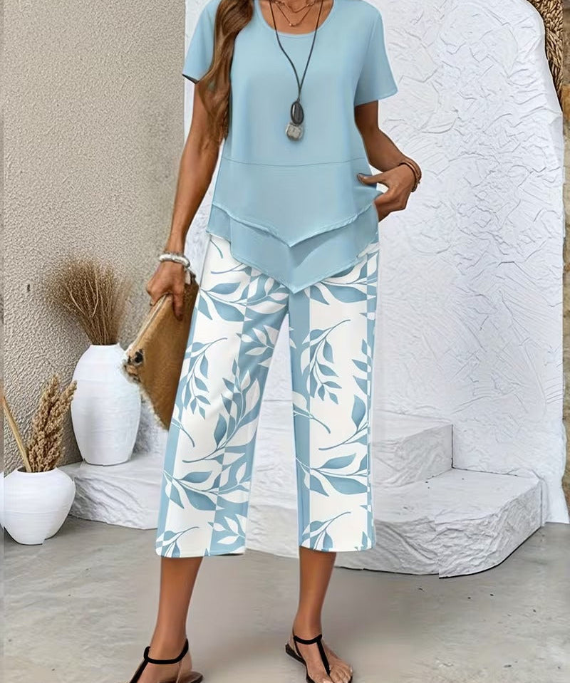 Women's Casual Leaf Print Two Piece Set in Sky Blue