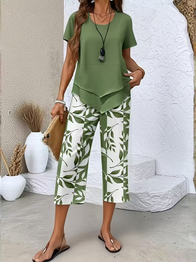 Women's Casual Leaf Print Two Piece Set in Green