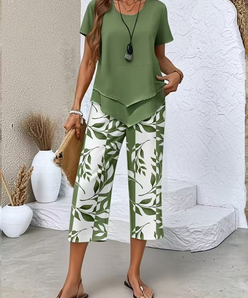 Women's Casual Leaf Print Two Piece Set in Green