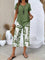 Women's Casual Leaf Print Two Piece Set in Green