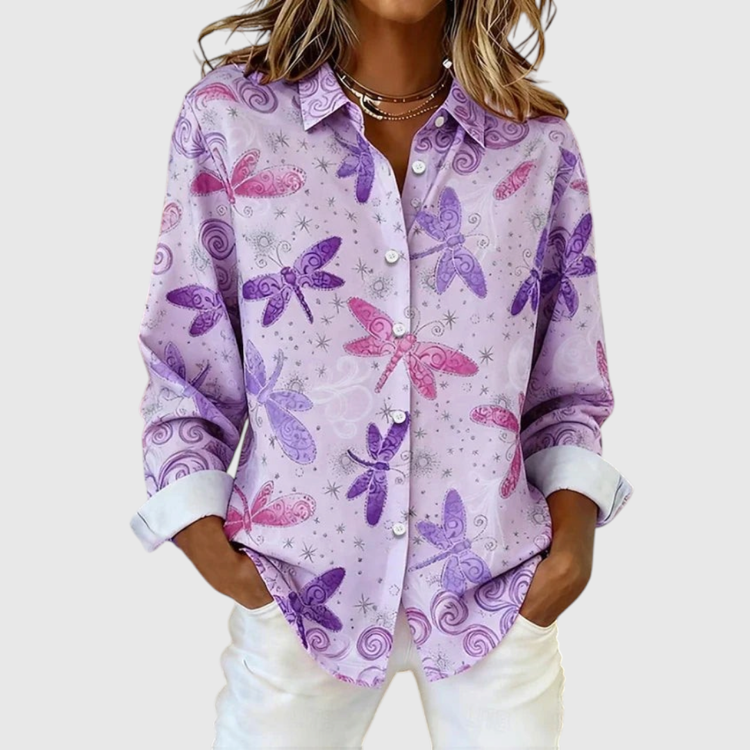 Women's Butterfly Print Button-Up Blouse in Blushing Pink