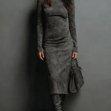 Women's Brown Long Midi Dress in Dark Grey