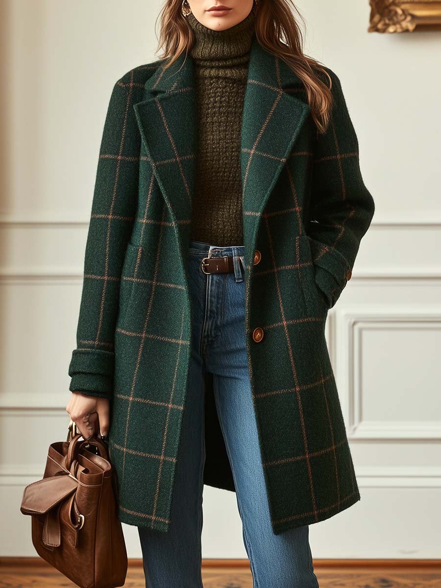 Women's Ullcheck Coat in Dark Green