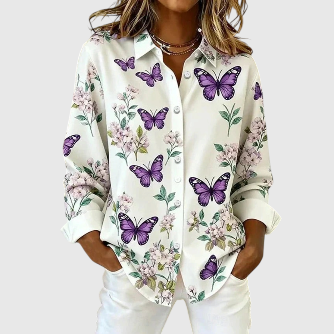 Women's Butterfly Print Button-Up Blouse in White