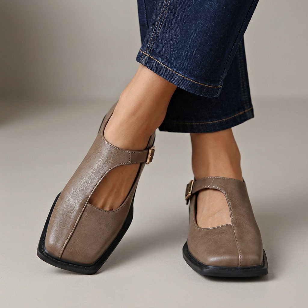 Women's Cut-Out Square-Toe Mary Jane Flats in Ash Gray