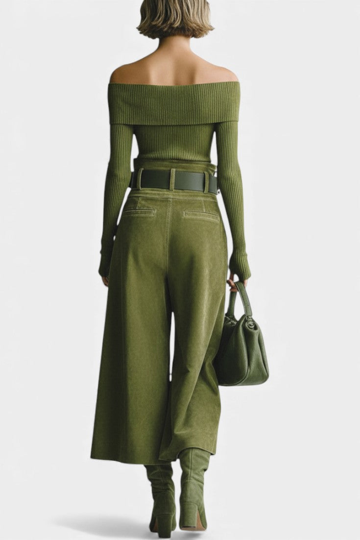 Olive Off-the-Shoulder Top with Midi Suede Skirt Ensemble, photo 5