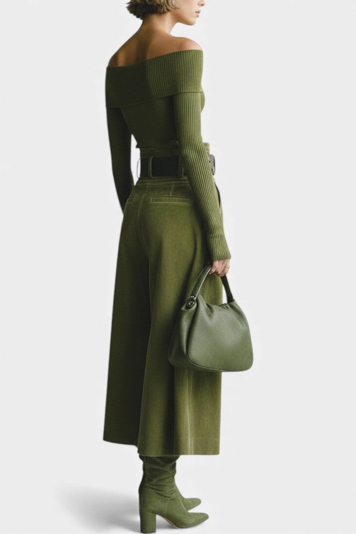 Olive Off-the-Shoulder Top with Midi Suede Skirt Ensemble, photo 4