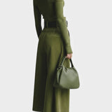 Olive Off-the-Shoulder Top with Midi Suede Skirt Ensemble, photo 4