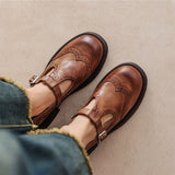 Women's Brogue T-Strap Mary Janes in Brown